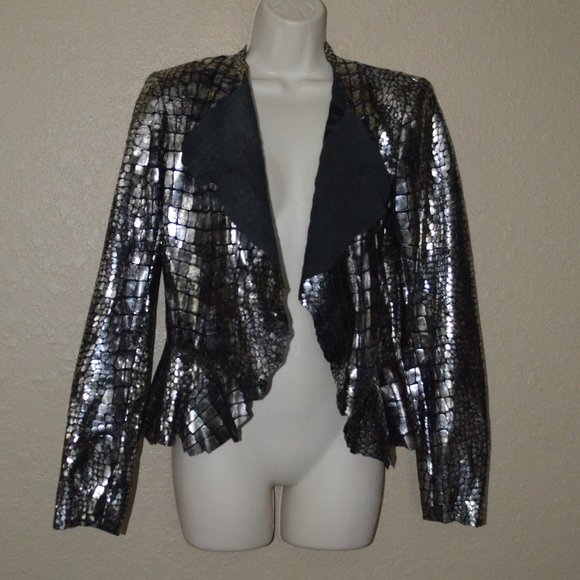 NWOT $1313 Sz 36 2 XS S Isabel Marant Black Croc Print Leather Silver Jacket - Picture 3 of 11